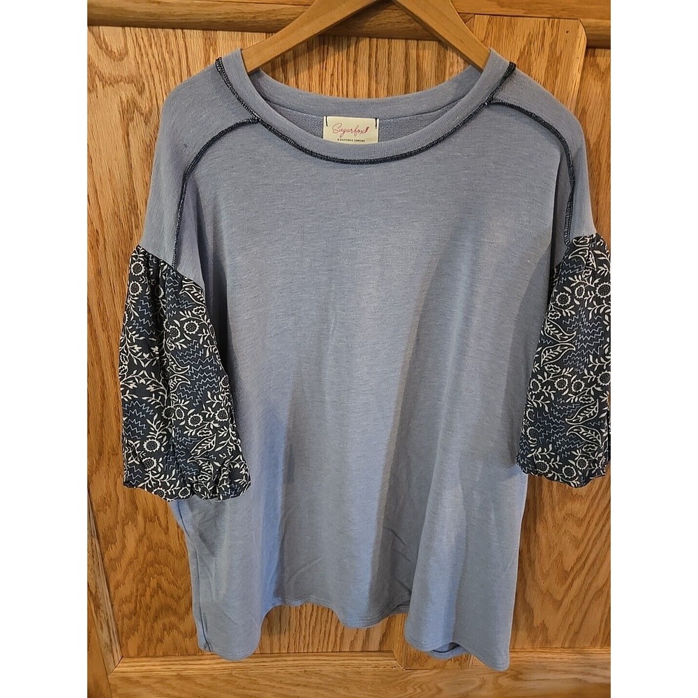 SUGARFOX SIZE 2X TOP Baby Blue with floral sleeves - Jersey Knit - Boutique
